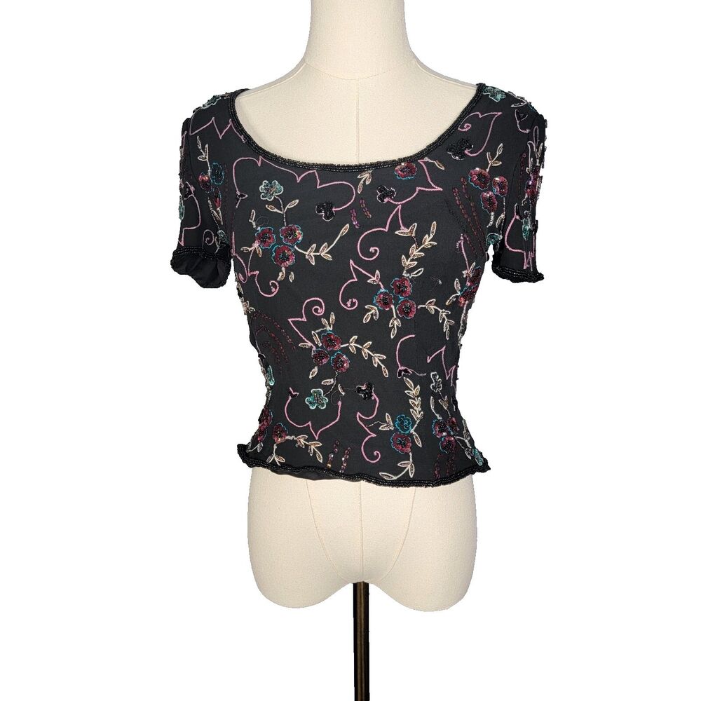 Vtg Papell Boutique Top S Beaded Jewel Tone Floral Silk Chest 31